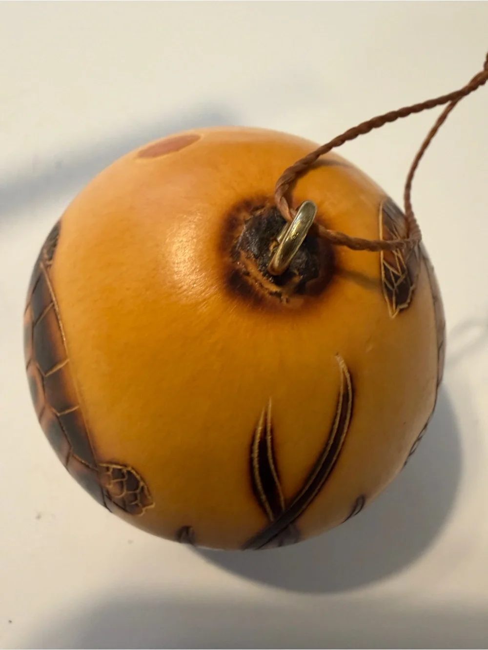 VTG Peruvian Handmade Sea Turtle Carved Christmas Gourd Ornament Signed P. Rojas
